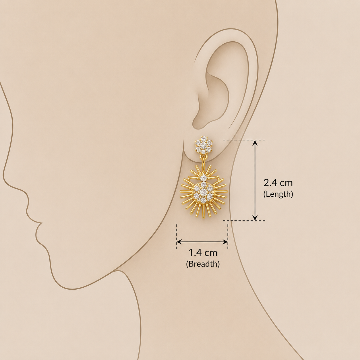 Sunburst Drop Earrings - Dimension Guide - SELEN